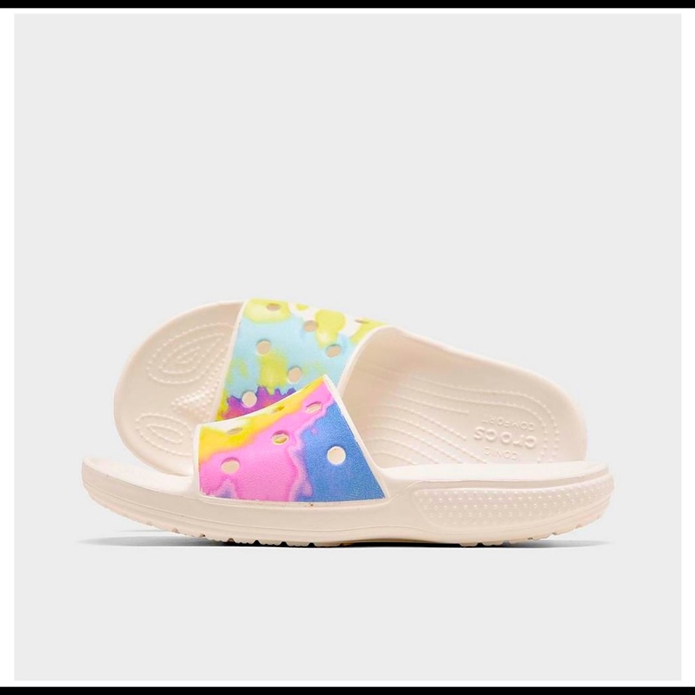 Rainbow tye-dye graphic croc slides sz 6